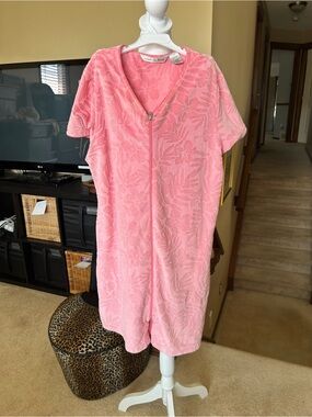 Soft Pink Floral Terry Zip Romper/House Coat/ House Dress